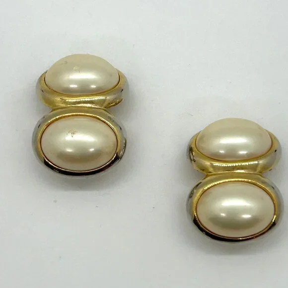 Vintage Gold Tone Double Faux Pearl Clip-On Earrings Retro 80s Statement Cabocho - Picture 2 of 13